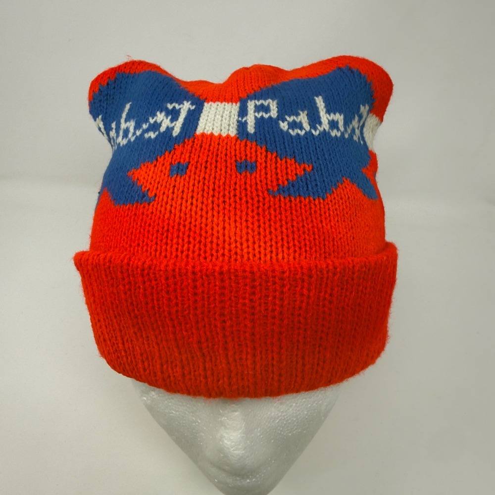 Pabst Blue Ribbon PBR Red Knit Cuffed Beanie Hat Graphic Logo Retro Mens OSFM